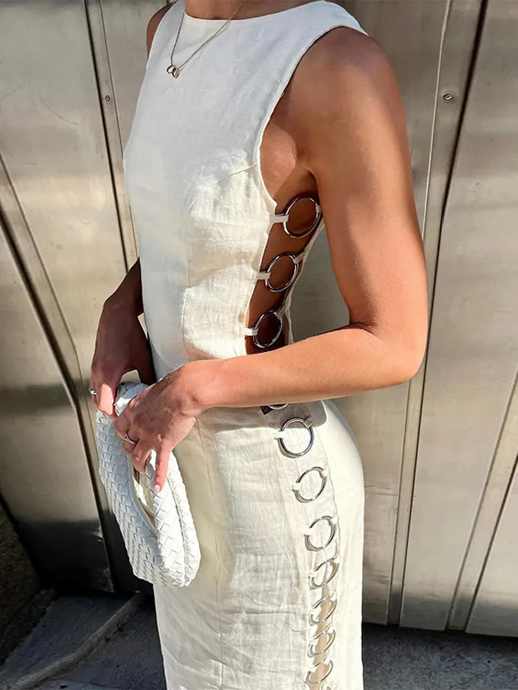 Sexy Hollow Out Iron Ring Connected Dress Women Elegant O Neck Sleeveless Maxi Dresses 2024 Spring Chic Female Party Streetwear